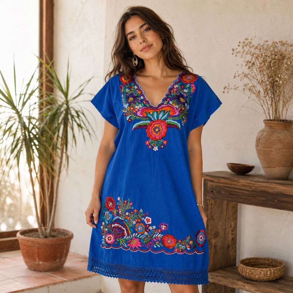 Mexican Hand Embroidered Boho Tunic Dress Blue Floral Folk Art Crochet Hem